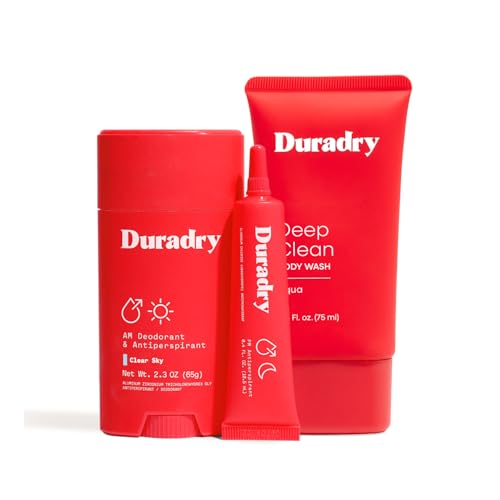 Duradry Sweat Control Trio – 3 Step System Formulated to Fight Excessive Underarm Sweating & Hyperhidrosis, Sweat & Odor Control – Stick, Sweat Minimizing Gel & Body Wash – Clear Sky