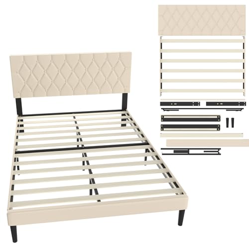 UISEBRT Cadre de lit capitonné 140 x 200 cm – Structure de lit avec boutons, sommier à plateforme avec tête de lit rembourrée en similicuir, support à lattes en...