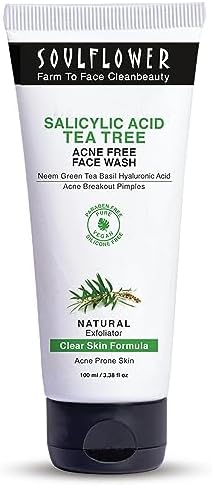 Soulflower Salicylic Acid Face Wash for Anti Acne & Pimples, Deep Cleansing, Face Cleanser with Tea Tree, Neem, Green Tea & Basil| Men & Women | Sulphate Free |100ml