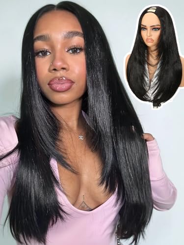 Quantum Love Yaki Straight Layered U Part Wigs V Part Glueless Clip in Half Wigs for Women Realistic Natural Looking Heat Resistant Synthetic Hair(24inch Natural Black)