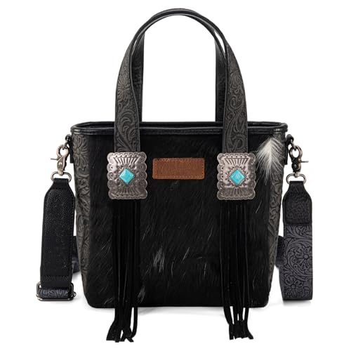 Image of Montana West Wrangler Cowhide Tote Bag for Women Western Tooling Handbag Leather Fringing with Turquoise Stone Concho