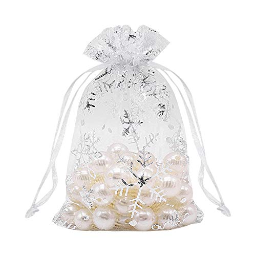 Image of HRX Package 100pcs Snowflake Organza Gift Bags Christmas 4x6 inch, Small White Mesh Jewelry Pouches Little Drawstring Candy Bags