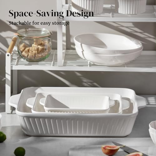 DOWAN Casserole Dishes for Oven, Baking Dishes Set, Ceramic Bakeware Sets of 3, Lasagna Pan Deep, Rectangular Baking Pan Set with Handles for Baking, Casserole, Kitchen, Wedding Gift, Soft White (15.6''/12.2''/8.9'') by DOWAN - Image 6