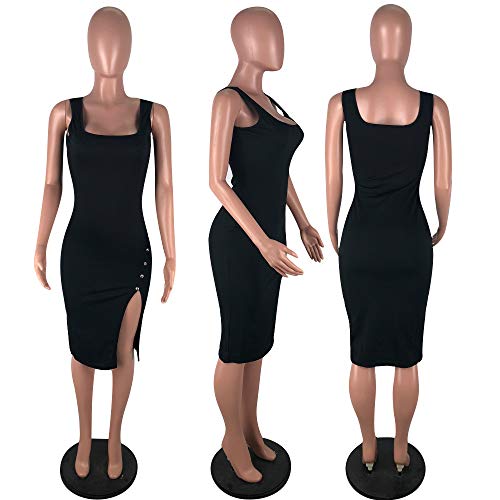 Salimdy Womens Sexy Soild Sleeveless Strap Tank Ribbed Buttons Side Split Bodycon Irregular Long Pencil Midi Dress Black L #TOP3