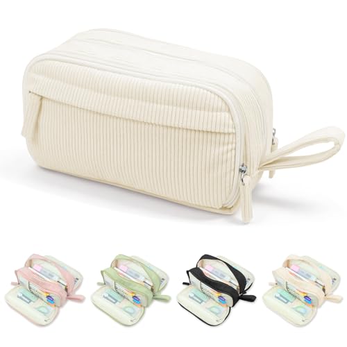 Boziee Trousse à Crayons en Tissu cordé pour Filles et Adolescentes, Grande capacité, Trousse Scolaire avec 3 Compartiments, pour école et Bureau (Beige)