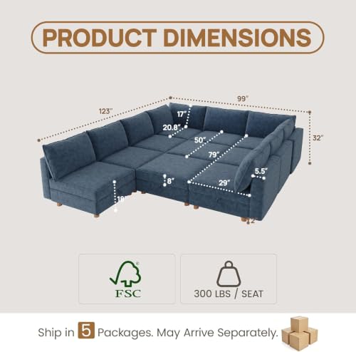 Image of 99 inch Chenille Modular Sofa Bed with Washable Covers & Storage, 10-Seater Modular Sectional Sleeper Sofa Bed with Movable Ottoman Chaise, Convertible Sleeper Sectional Couches for Living Room, Blue