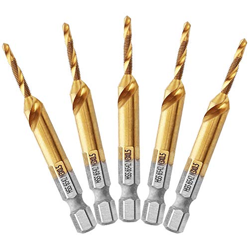 ABuff 5 Stück M3 Gewindebohrer HSS 6542 Kombination metrischer Gewindebohrer Titan Bohrer Set mit Spiralnut, Senkbohrer mit Sechskantschaft, Gewindebohrer Set zum Bohren, Gewindebohrer Cover