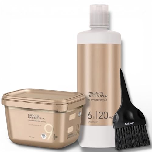 Blonde-Me Lightener 9+ Bleach 450 grams Blonde-Me Developer 6% / 20 Volume 1 Liter and Salonly Tint Brush (3pc Bundle)
