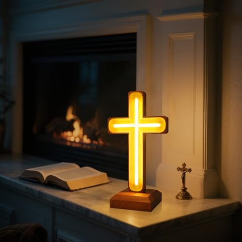 Image of Handcrafted Wooden Cross Lamp, USB Warm Light for Bedside | Neon Sign for Prayer Spaces, Christmas, Weddings, Baptism, Memorials - Spiritual Home Decor Gift
