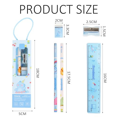 Einschulung Tier Schreibwaren Set, 5 Stück Niedliches Geschenk Set, Radiergummi, Anspitzer, Lineal, Bleistift, Schulanfang Schreibwaren Geschenkset für Mädchen Junge, Klassenzimmer Belohnung Mitgebsel