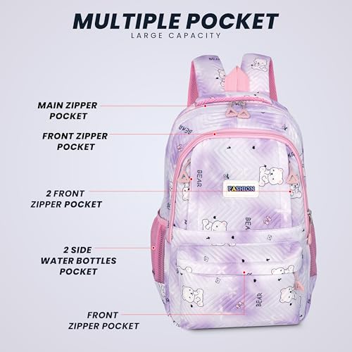 Image of Storite 3 PCS Kids School Backpack Set for Girls & Boys | 17 Inch Lightweight Backpack with Lunch Box & Pencil Case | Purple Bear Print School Bag for Elementary, Middle & High School