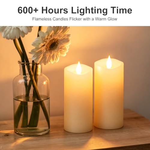 Image of 2PCS, 3 x 7 inches Flameless Candle with Remote Control, 3D Flickering Wick, Real Wax, Battery Candles,with Timer,Battery Powered Candles,for Holiday Home Decor,Ivory