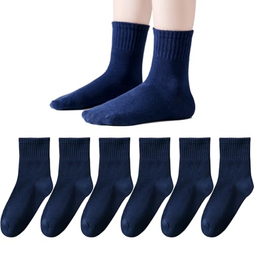 EPEIUS Unisex Kids Crew Socks Toddler Boys Dress Sox Soft Cotton Seamless School Socks for Girls 1T 2T 3T Navy 6 Pairs XS