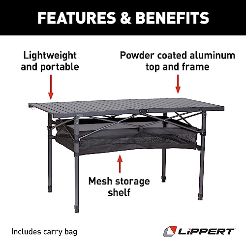 Image of Lippert Camping Dining Table, Slatted Aluminum Tabletop, Foldable Design, Heavy-Duty Steel Legs, Powder-Coated Protection, Mesh Storage Shelf, 80-lb. Capacity, Carrying Bag - 2022122524