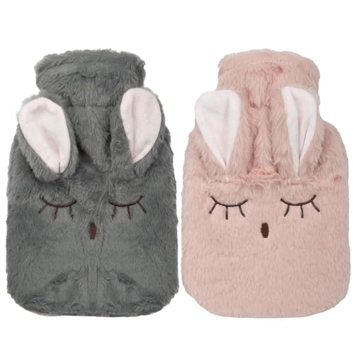 Bouillotte 3D animal lapin A2Z avec housse peluche polaire rose et grise de 1L