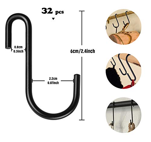ilauke 32 Stück S Haken 2,4 in/6 CM, Multifunktion Edelstahlhaken Küchenhaken Haken S-förmige Hängehaken,Schwerlast Metallhaken Anti-Rost Haken für Küche Badezimmer Schlafzimmer Büro(Matt Schwarz)