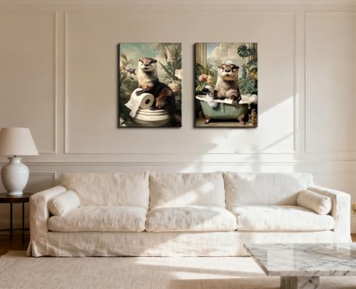 Image of Frimeeme Otter Canvas Wall Art for Bathroom Decor 12x16 Inch | 2 Pieces, Ready to Hang