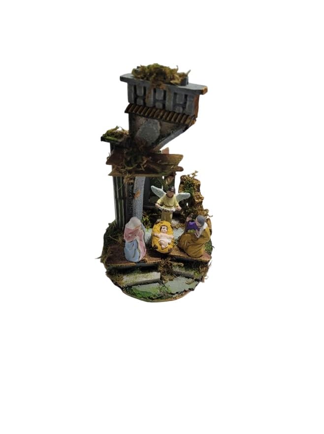 Mini-Tempel Krippe Durchmesser 14 cm Höhe 22 cm Holz und Kork mit oder ohne Geburt 4 Schäfte 8 cm Terrakotta, geeignet für Glasglocke