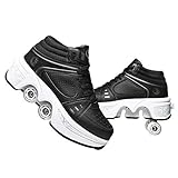 Double-Row Deform Wheel Automatic Walking Shoes Invisible Deformation Roller Skate 2 in 1 Removable Pulley Skates Skating Parkour (Black high, US 9.5)