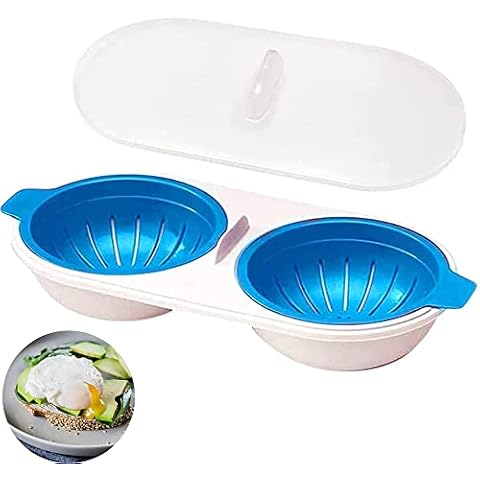 Draining Double Cup Egg Boiler, Microwave Egg Poachers, Mold Eggs Poacher Cup, Portable Lids Non-Stick Coated Cooking Food Grade PP Double Cup Egg Cooker Egg Steamer Kitchen Gadget (Blue) Cover