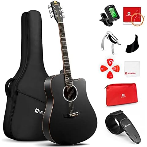 Vangoa 4/4 Acoustic Guitar Beginner Set Adult Full Size Cutaway Folk Guitar Starter Kit 41 inches with Gig Bag, Picks, Strings, Capo, Tuner, Strap, Pickguard, Black Cover