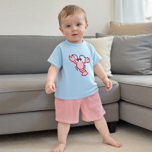 Image of Toddler Boy Summer Outfits Little Lobster Clothes Short Sleeve T-Shirts with Stripe Shorts 2Pcs Clothes Set (Crawfish Sky Blue, 5-6 Years)