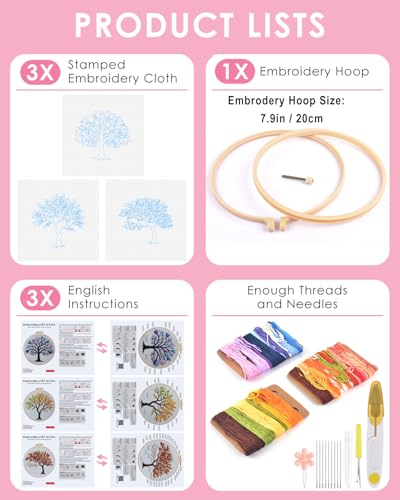 Image of TINDTOP Embroidery Kit for Adult, 3 Pack Embroidery DIY Starter Kit | with Stamped Patterns, Hoop, Tools, Colorful Threads with Needles, Instructions (Color Tree)