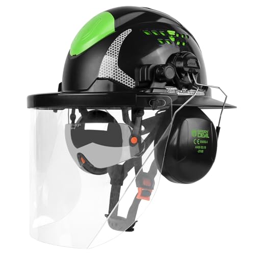 GREEN DEVIL Industrial Chainsaw Helmet with Face Shield Built in Visor and Ear Muffs 4 in 1 System ANSI Z89.1 Safety Hard Hat Adjustable Headgear Ideal for Forestry and Arborist Work Full Brim Style