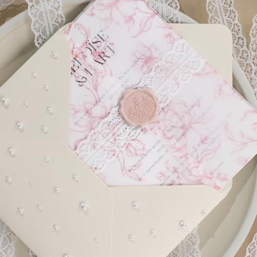UNIQOOO 50 Pack Pre-Folded Dusty Rose Pink Grace Bloom Vellum Jackets for 5x7 Invitations, 115GSM Transparent Vellum Jacket for Vintage Themed Wedding & Events by UNIQOOO - Used condition - Image 4