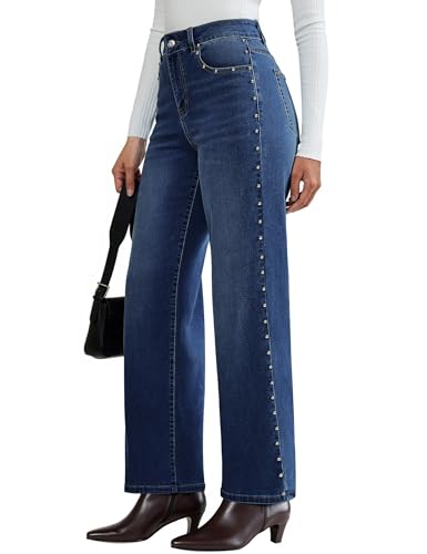 luvamia Trendy Wide Leg High Waisted Womens Plus Size Jeans Side Studded Embellished Distressed Stretchy Denim Pants Party Jeans for Women Nightfall Blue XX-Large US Size 20-22