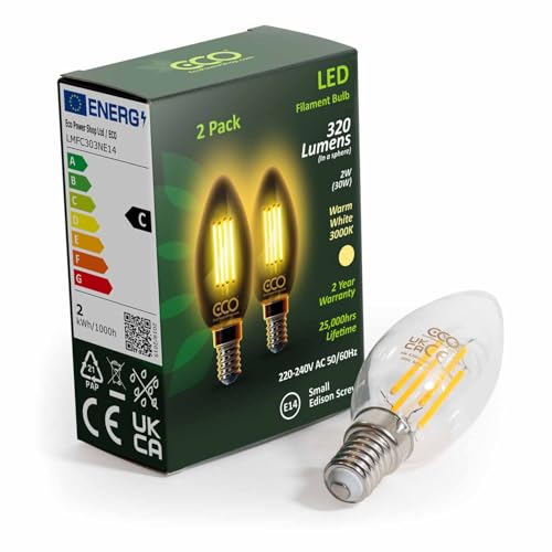 ECO 30W Equivalent 2W LED Filament Candle Light Bulb, 320 Lumens, Warm White 3000K, E14 SES Small Edison Screw, 25,000hrs Lifetime. [Energy Class C] (E14 Small Screw, 2, Count)