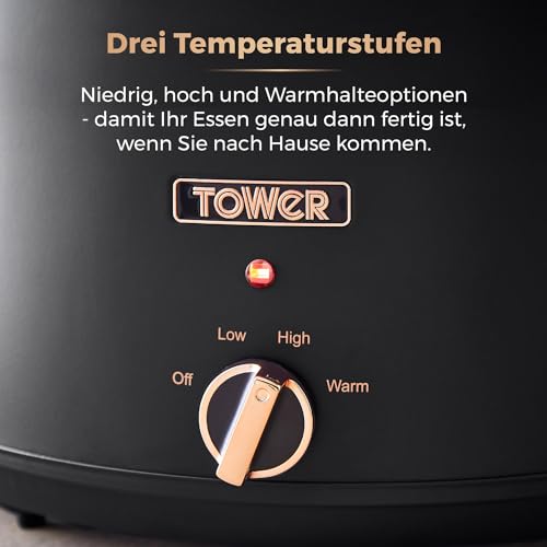 Tower T16043BLK Cavaletto 6,5 Liter Schongarer mit 3 Wärmestufen, Cool-Touch-Griffe, Schwarz und Roségold