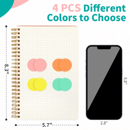Smarpau 4 Pack Spiral Notebook, 5.7" X 8.3" A5 Dotted Notebook, 120 Gsm Thick Paper, 75 Sheets/150 Pages, Notebook College Ruled, Dot Grid Notebook For School And Work (Orange, Blue, Yellow, Pink) #TOP5