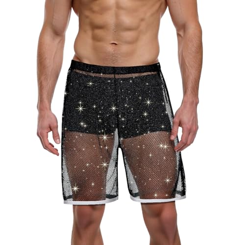 JINSHI Men's Sexy Sparkling Fishnet Shorts See Through Mesh Loose Boxer Shorts Sheer Lounge Underwear Trunks Black M