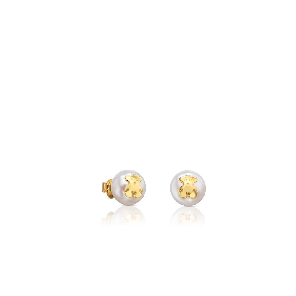 TOUSPendientes de Oro de 18kt para Mujer con Motivo de Oso y Perla Cultivada con Cierre de Presión, Elegante e atemporal, Colección Icon Pearl