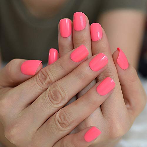 EchiQ Neon Short Nails Summer Color Fake Nails Deep Pink Ladies Bright Color Designed ABS Material Fingernails with Adhesive Tabs