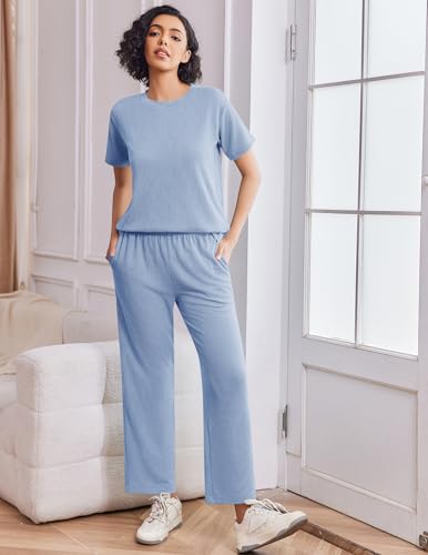 Ekouaer Lounge Set for Women 2 Piece Sets Outfits Top and Long Pants Ribbed Textured Knit Matching Pajamas with Pockets4