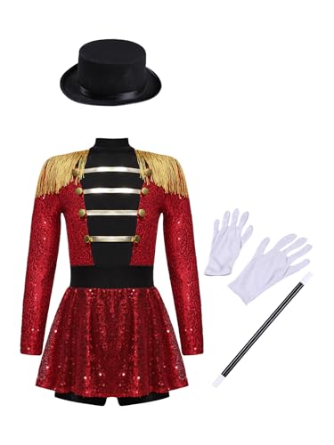 Yiesvsov Costume De Maître De Cirque Pour Filles Enfants Déguisement Magicien Tenue Carnaval Fête D'halloween Vêtements Fantaisie Rouge 5-6 ans