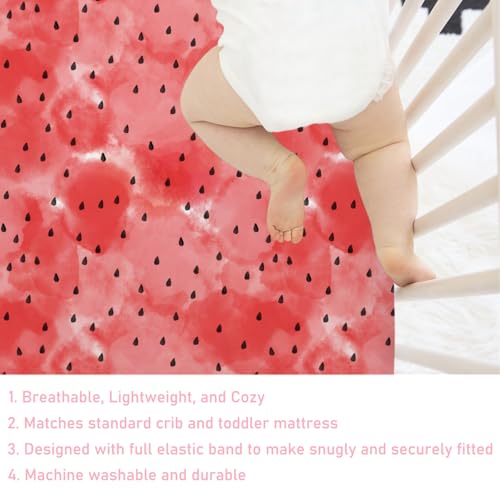 Image of Watercolor Watermelon Baby Crib Sheets 52''x28'' Tropical Fruit Snug Fitted Crib Mattress Covers for Boy Girl Boho Summer Beach Soft Baby Nursery Bed Sheet for Standard Crib and Toddler Mattress