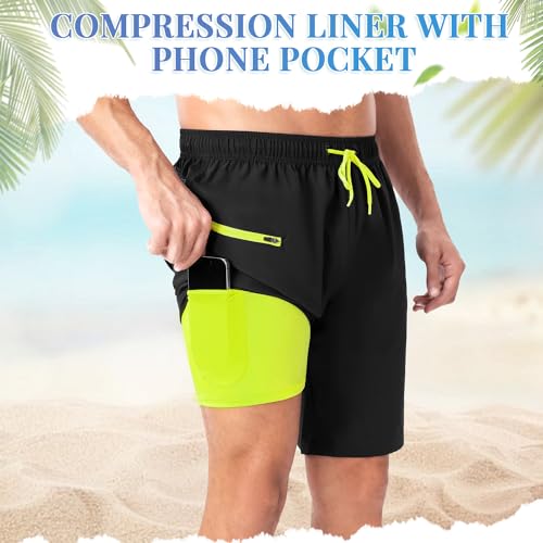 Mens Swim Trunks with Compression Liner - 2 in1 Quick Dry Swim Shorts Bathing Suits with Zipper Pockets2