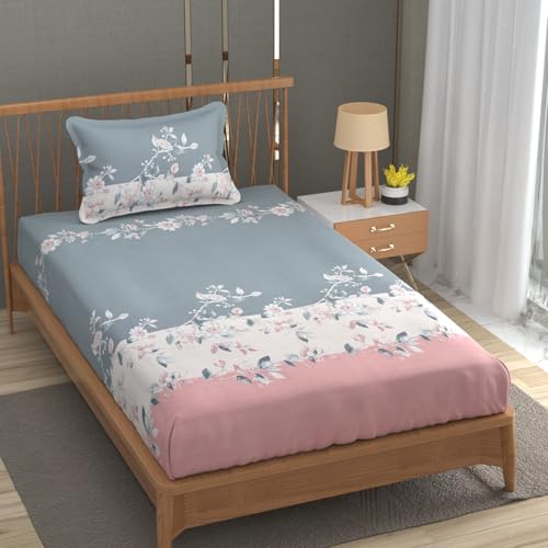 Image of Vram Premium Heavy Cotton Elastic Fitted Bedsheets with 1 King Size Pillow Covers || Single Bed with All Around Elastic 350 TC || 36 x 78 x 6 Inch Single Size Fitted || :- Pink Tricolor