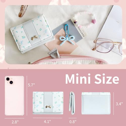 Image of Girls Wallet Cute Bow Coquette Floral Small Kawaii for Women Aesthetic ID Window for Ladies (Blue)