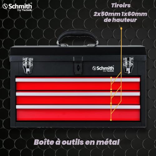 Schmith - Coffre à outils vide - Coffre à outils métallique - Armoire à outils avec tiroirs (3 pièces) - pour atelier et garage, guidages à roulements à billes, capacité de charge 50 kg, 2 serrures – vue 4