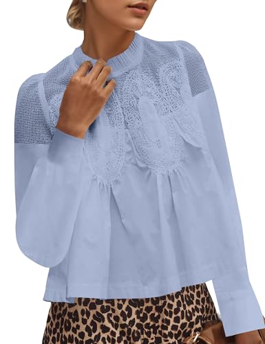 Womens Lace Flared Short Sleeve Blouse Lace Poplin Ruffle Mesh Crew Neck Swing Babydoll Tops Elegant Loose Shirts