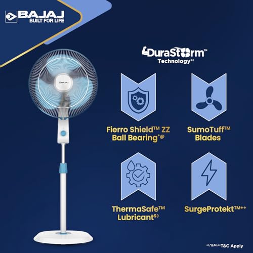 Image of Bajaj Shield Series Robusto High Speed 400mm Pedestal Fan for Home | DuraStorm Technology | Surge Protection | 100% Copper Motor | High Air Delivery | 3 Years Warranty 【Blue & White】