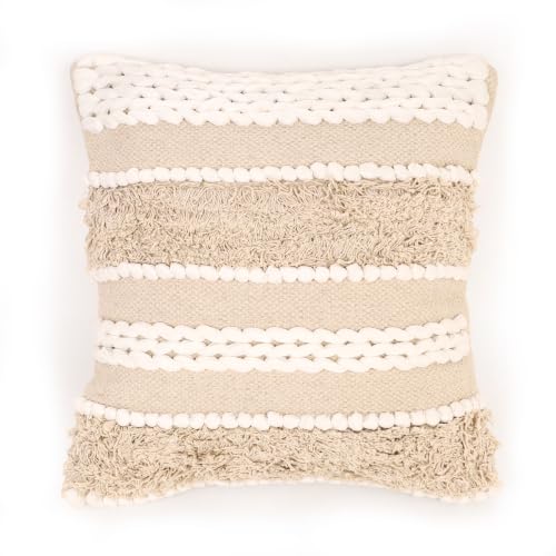 Image of Boho Cushion Covers 16x16 Inch Pack of 1| Handcrafted Woven Tufted Cotton Throw Pillow Covers | Bohemian Decorative Pillow Covers | Beige Cream Textured Pillow Covers (1 Piece)