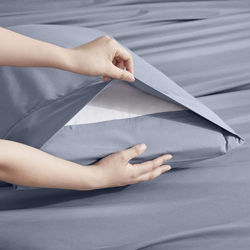 Image of Nestl Extra Deep Full Sheet Set - 6 Piece Breathable & Cooling Sheets - Hotel Luxury Bedding Set w /18-24 Inch Deep Pockets - Easy & Secure Fit - Super Soft, Wrinkle Free & Comfy - Stone Blue