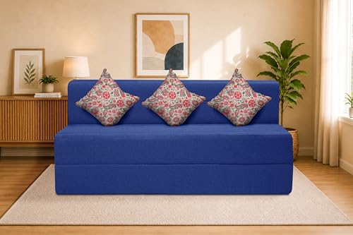 Image of Three Seater Sofa Cum Bed Jute Fabric 5 X 6 Ft| Space Saving Foldable Sofa Bed for Living Room & Guest Room | Comfortable Multi-Functional Furniture - Blue