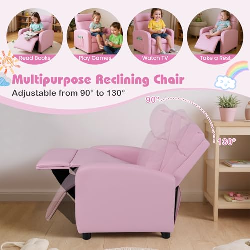 Image of Costzon Kids Recliner, Adjustable PU Leather Lounge Chair w /Side Pockets, Footrest, Headrest for Kids Room&Play Room, Easy to Clean, Padded Pink Recliner Sofa for Children Boys Girls Aged 3-12 (Pink)
