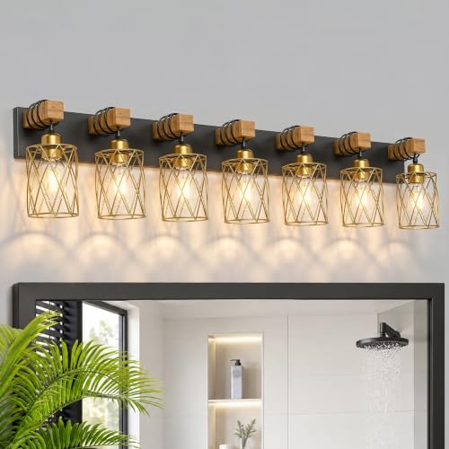 IZORRO Farmhouse Bathroom Vanity Light, 7-Light Wood Bathroom Light Fixtures Over Mirror, Black and Gold Industrial Vanity Lights with Metal Shade, Rustic Restroom Lighting Fixtures